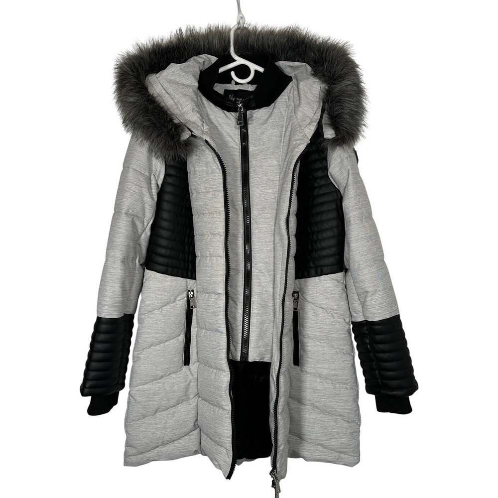 Puffer Parka Lily Morgan Moto Grey Black Faux Leather Fur Trim Hood Jacket XL